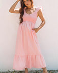 Solid V-Neck Flutter Sleeve Ruffle Maxi Dress
