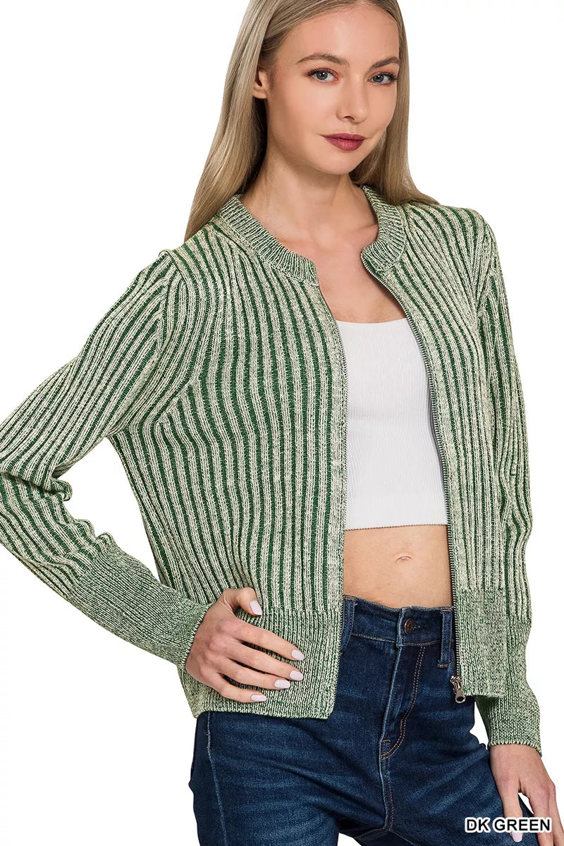 Zenana Ribbed Two Tone Zip Up Sweater Cardigan in Green