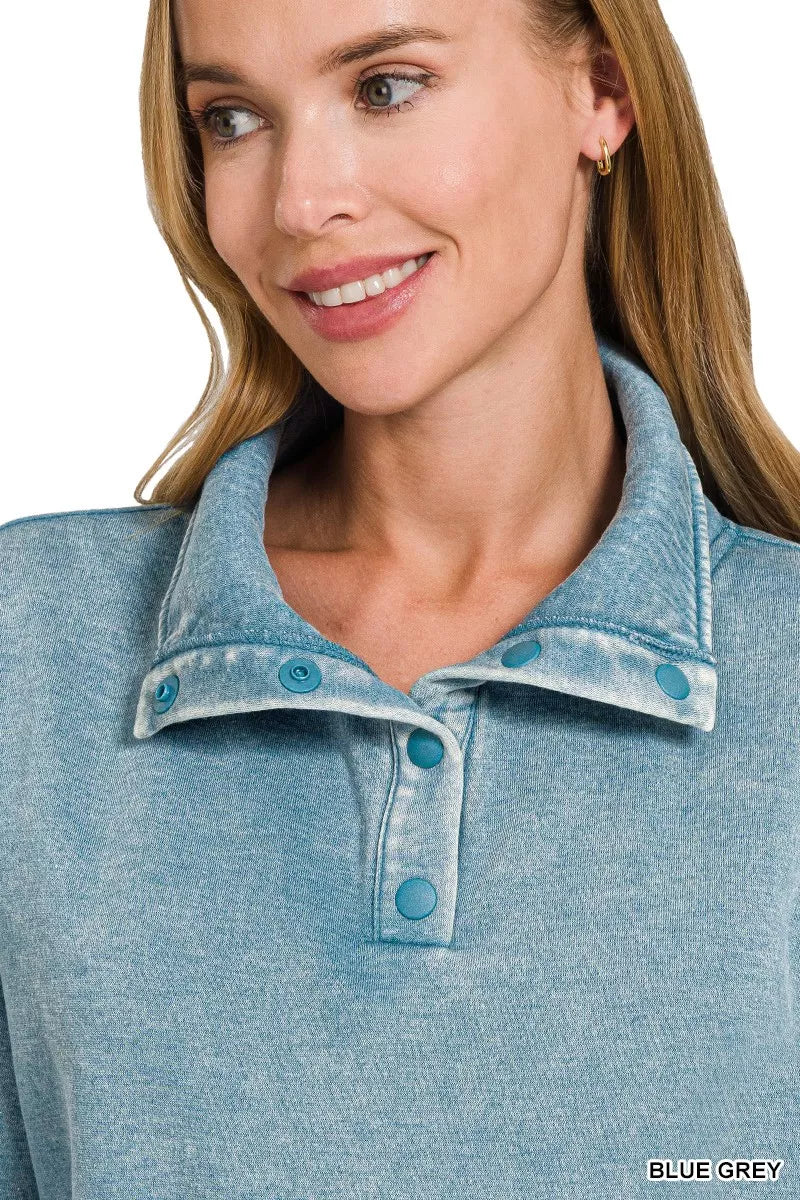 Zenana Fleece Washed High Neck Kangaroo Pocket Sweatshirt in Blue Grey