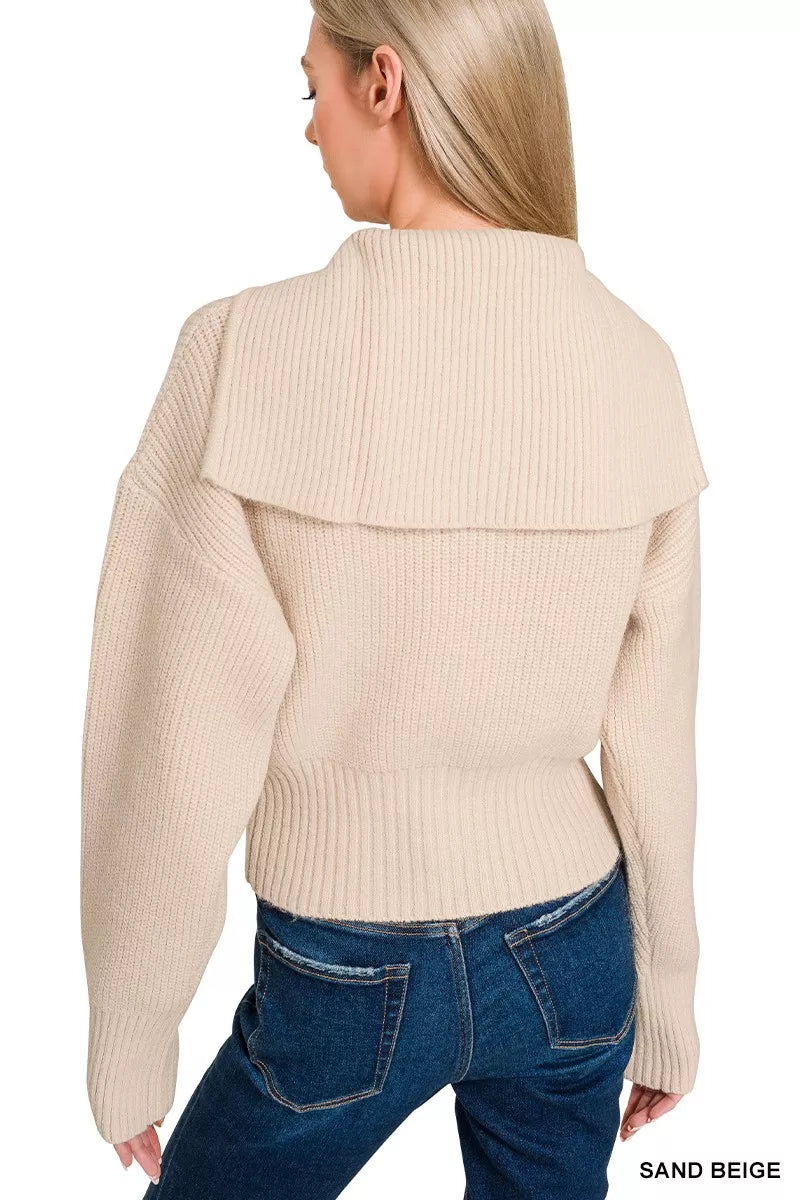 Zenana Ribbed Collared Zip Up Sweater Cardigan in Beige