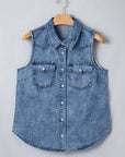 Denim Button Front Collared Sleeveless Vest