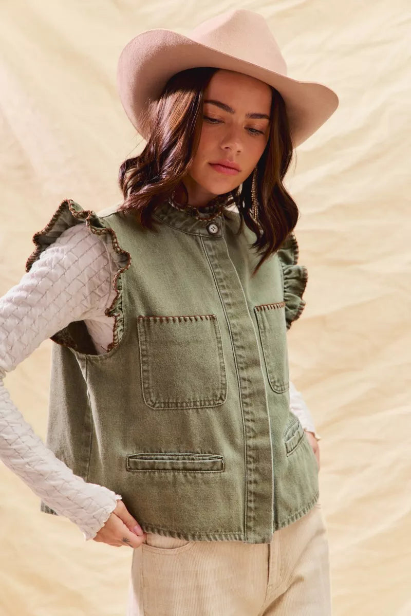 SO ME Washed Denim Stitch Ruffled Hidden Button Vest Top