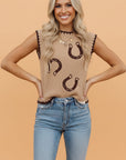 Western Horseshoe Ribbed Knit Sweater Top