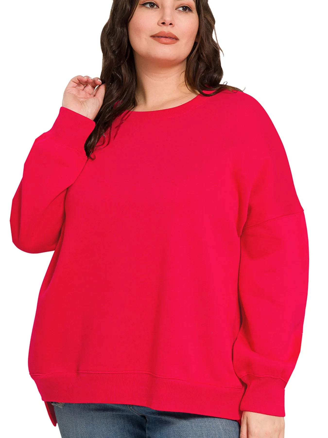 Zenana Full Size Fleece Hi-low Boyfriend Sweatshirts with Pockets Plus Size in Ruby