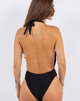 One Piece Bathing Suit Deep Open Front with Belted Waist