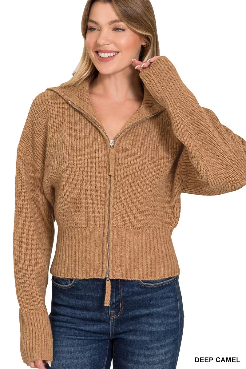 Zenana Ribbed Collared Zip Up Sweater Cardigan in Camel