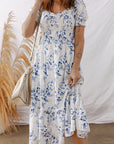 Floral Smocked Puff Sleeve Tiered Midi Dress