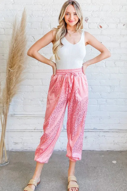 And The Why Satin Leopard Print Joggers in Pink