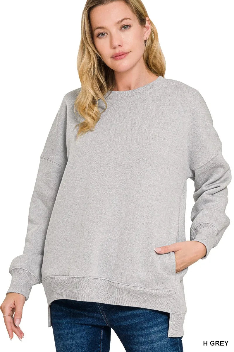 Zenana Full Size Fleece Hi-low Boyfriend Sweatshirts with Pockets Plus Size in Grey