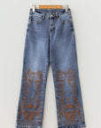 Denim Embroidered Flare Leg Jeans w/ Pockets