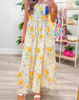 Floral Denim Tie Strap High Waist Maxi Dress