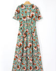 Floral Frilled V-Neck Short Sleeve Maxi Dress
