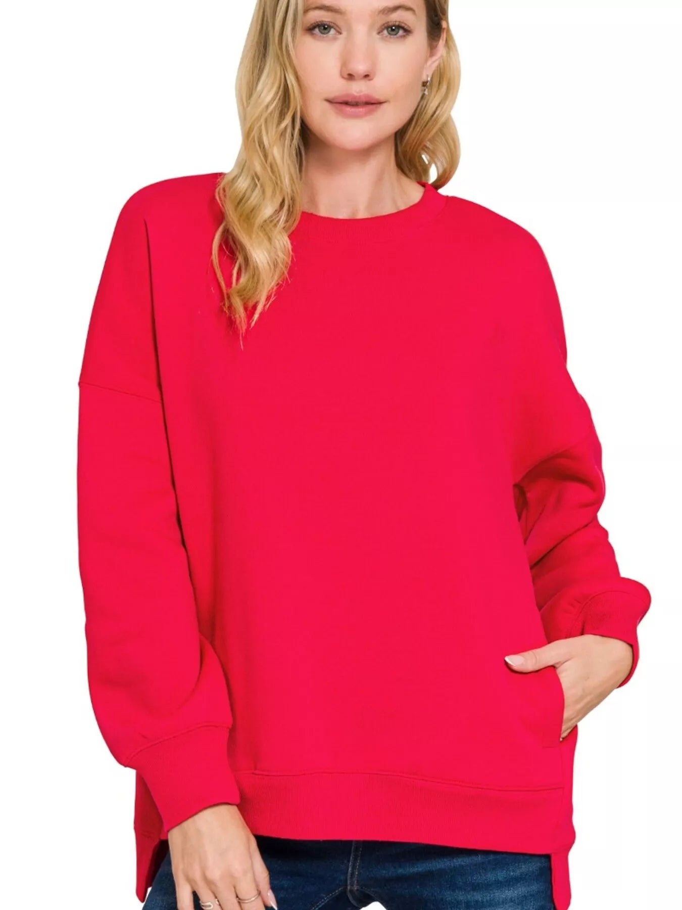 Zenana Full Size Fleece Hi-low Boyfriend Sweatshirts with Pockets Plus Size in Ruby