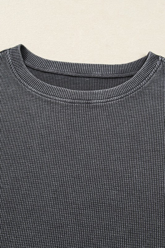 Waffle Knit Patchwork Long Sleeve Top