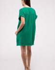ZENANA Gauze Rolled Short Sleeve Raw Edge V-Neck Dress