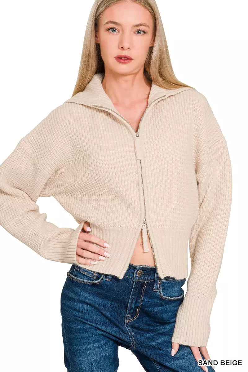 Zenana Ribbed Collared Zip Up Sweater Cardigan in Beige