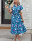 Floral Flutter Sleeve Tie Neck Belted Midi Dress