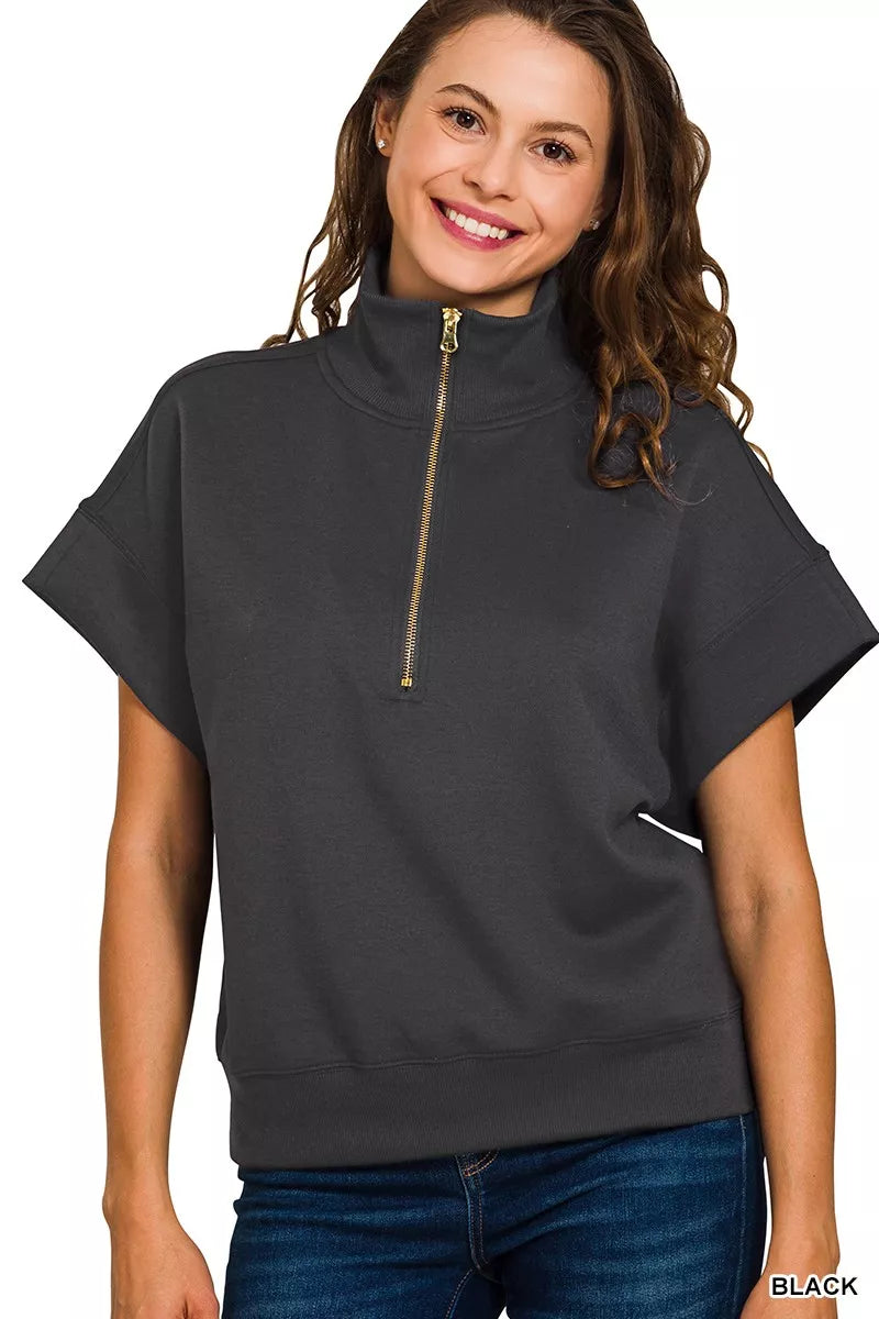 Zenana Full Size Scuba High Neck Half Zip Short Sleeve Top Plus Size in Black