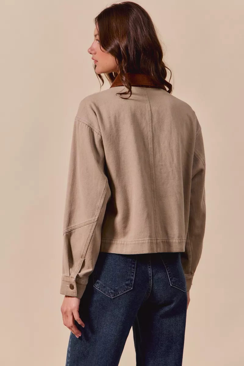 SO ME Cotton Twill Cropped Barn Jacket wtih Collar