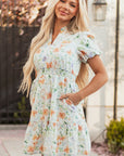 Floral Shirred High Waist Puff Sleeve Dress