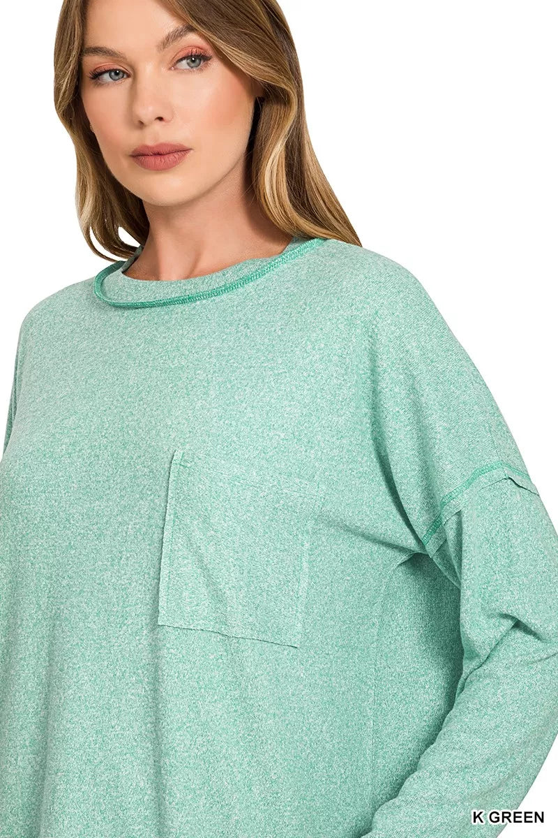 Zenana Soft Melange Hacci Round-Neck Long Sleeve T-Shirt in Green
