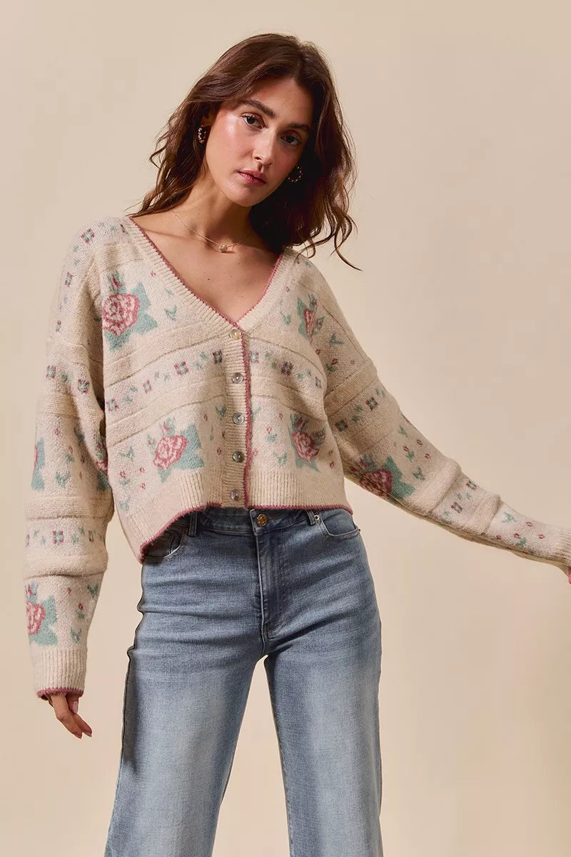 SO ME Floral Pattern Long Sleeve Button Sweater Cardigan in Beige