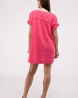 ZENANA Gauze Rolled Short Sleeve Raw Edge V-Neck Dress