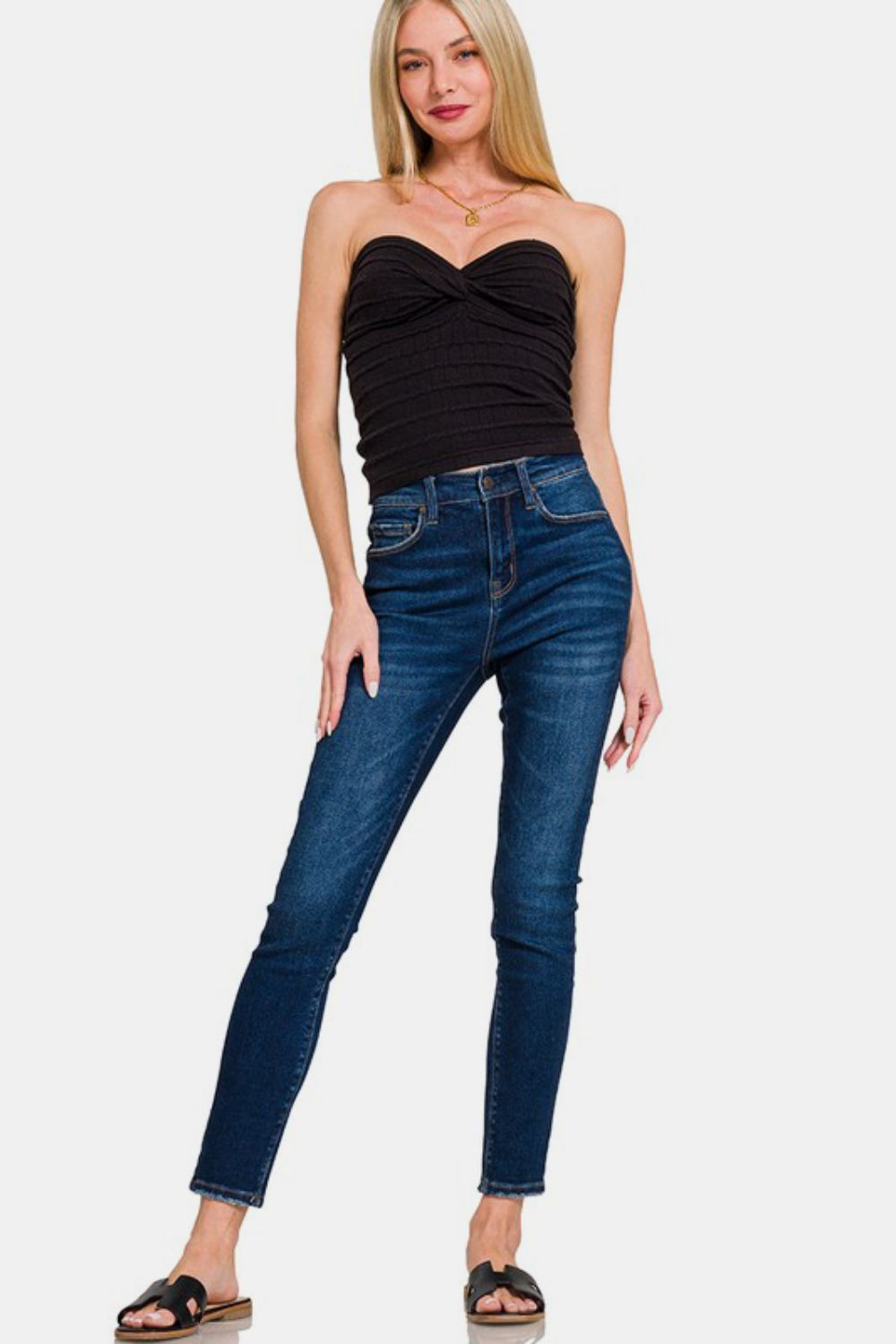 Zenana Ruched Twisted Sweetheart Neck Top in Black