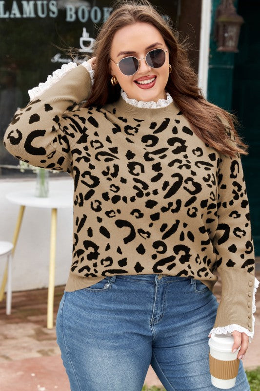 Plus Size Leopard Knit Lacy Trim Sweater