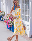 Floral Denim Tie Strap High Waist Maxi Dress