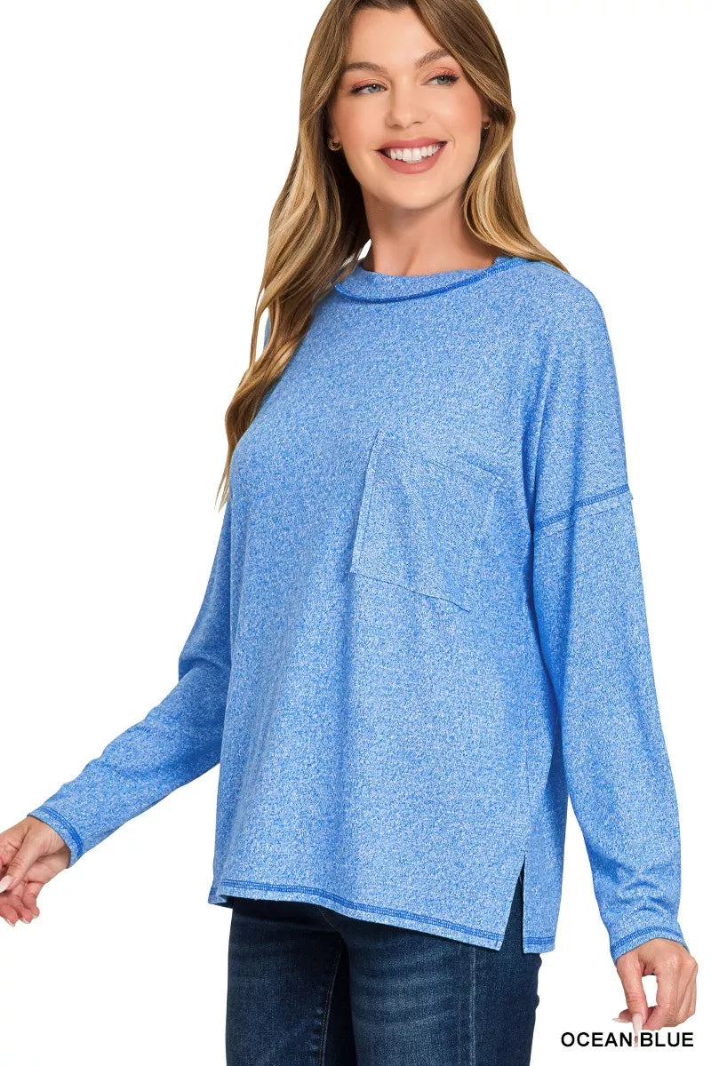 Zenana Soft Melange Hacci Round-Neck Long Sleeve T-Shirt in Ocean