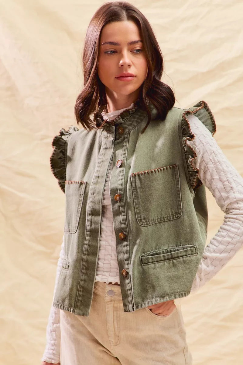 SO ME Washed Denim Stitch Ruffled Hidden Button Vest Top