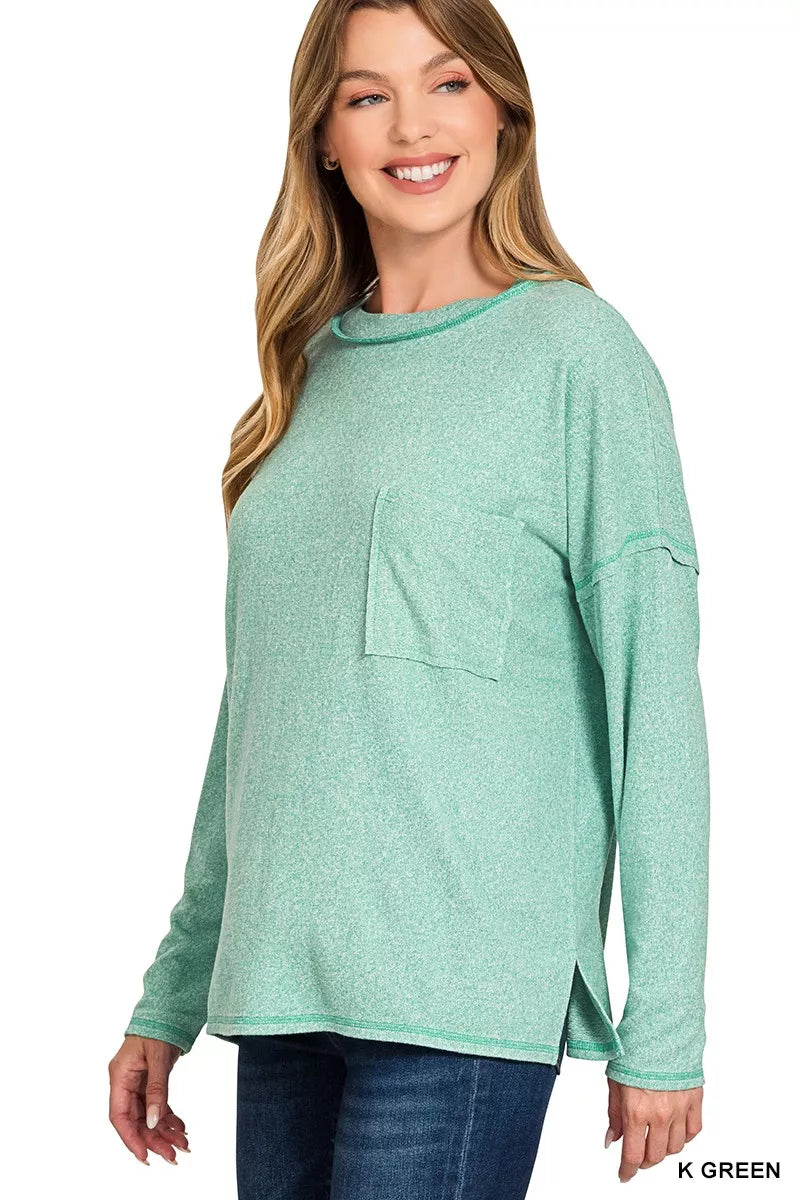 Zenana Soft Melange Hacci Round-Neck Long Sleeve T-Shirt in Green