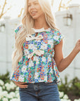 Floral Bow Tie Sleeveless Peplum Blouse