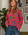 Davi & Dani Crochet Patchwork Round Neck Pullover Sweater Top