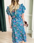Floral Flutter Sleeve Tie Neck Belted Midi Dress