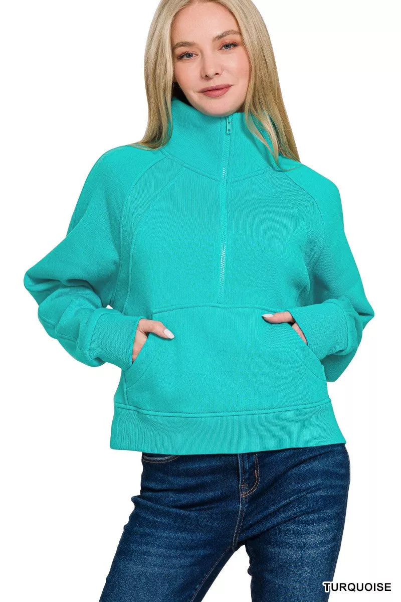 Zenana Fleece Half Zip Kangaroo Pocket Sweatshirts in Turquoise