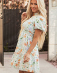 Floral Shirred High Waist Puff Sleeve Dress