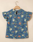 Floral Denim Ruffle Short Sleeve Top