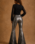 GJG Denim Metallic Foil Bell-Bottom Jeans — Silver Black