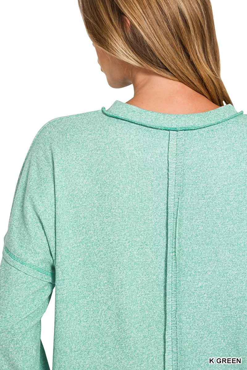 Zenana Soft Melange Hacci Round-Neck Long Sleeve T-Shirt in Green