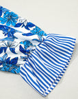 Floral Stripe Patchwork V-Neck Flounce Sleeve Blouse