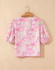 Floral Ribbon Tie Front Puff Sleeve Blouse
