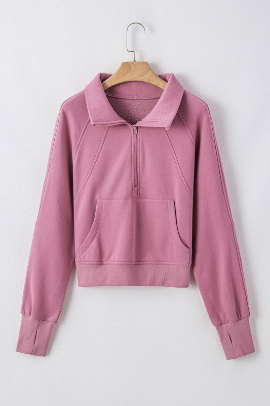 Solid Fleece-Lined Half-Zip Up Collar Sweatshirt