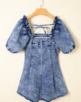 Denim Frilly Square Neck Bustier Puff Sleeve Dress