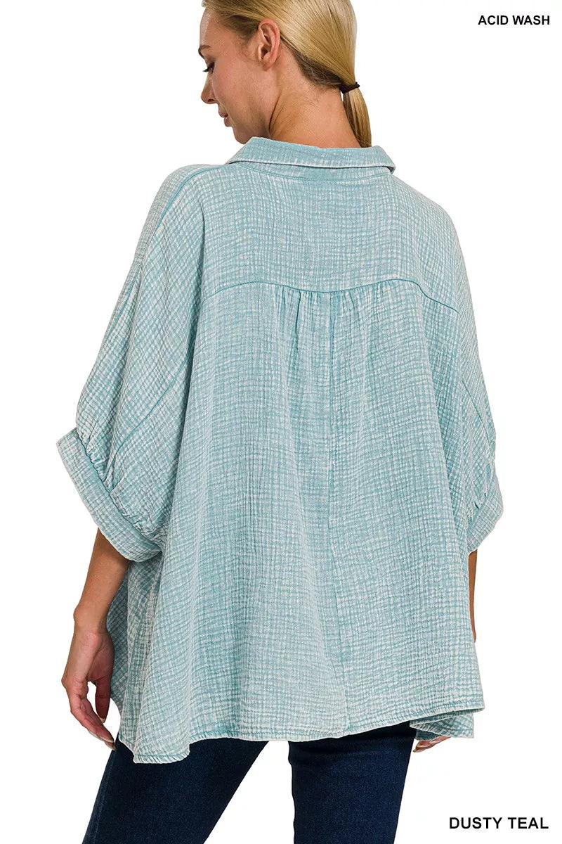 Zenana Washed Double Gauze Button Down Half Sleeve Shirt in Teal