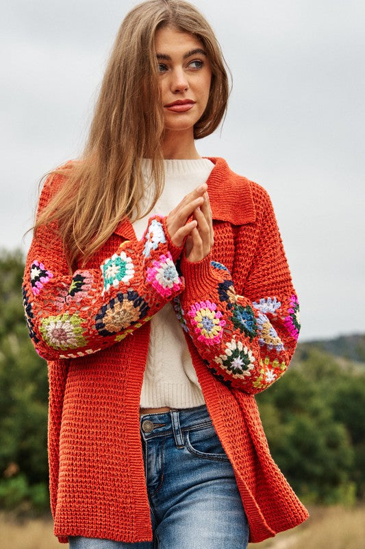 Davi &amp; Dani Crochet Floral Printed Long Sleeve Knit Cardigan