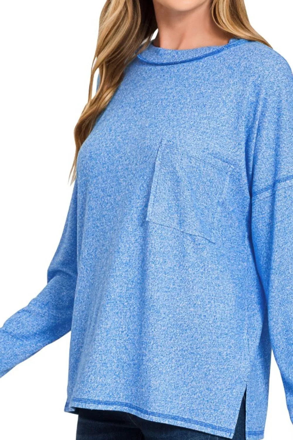 Zenana Soft Melange Hacci Round-Neck Long Sleeve T-Shirt in Ocean