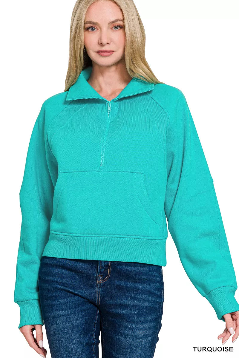 Zenana Fleece Half Zip Kangaroo Pocket Sweatshirts in Turquoise