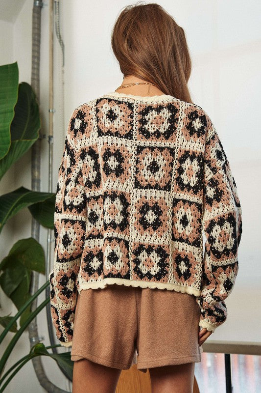Davi &amp; Dani Crochet Patchwork Round Neck Pullover Sweater Top